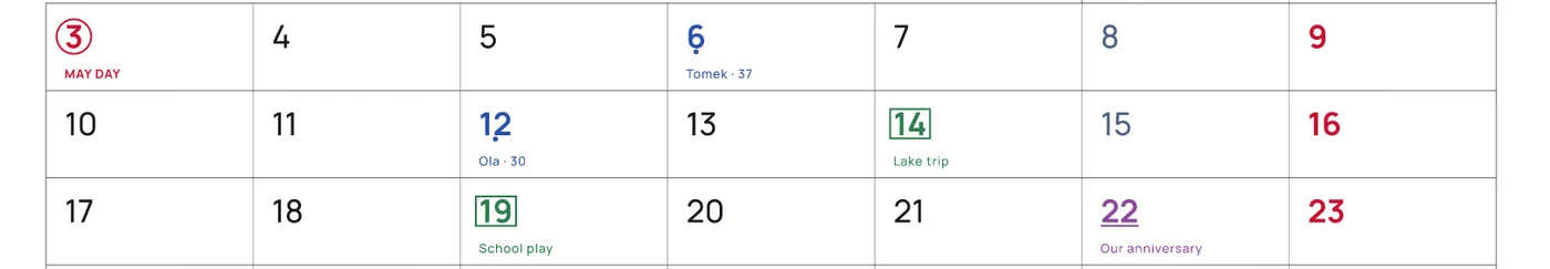 Three weeks of May, close up: May Day circled in red; Tomek · 37 and Ola · 30 marked with a blue dot; Lake trip and School play framed in green; Our anniversary underlined in purple.